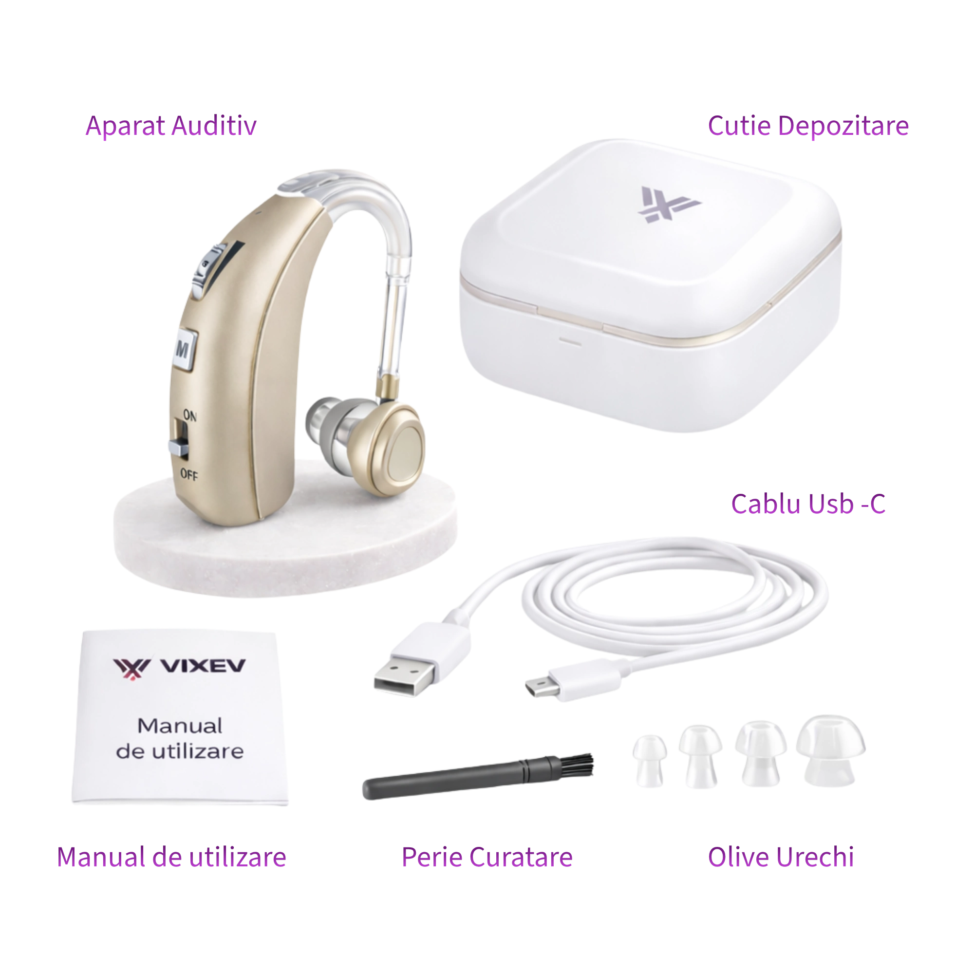 Conținutul pachetului: aparat auditiv, cutie depozitare, manual, cablu USB-C, perie curățare, adaptoare ureche
