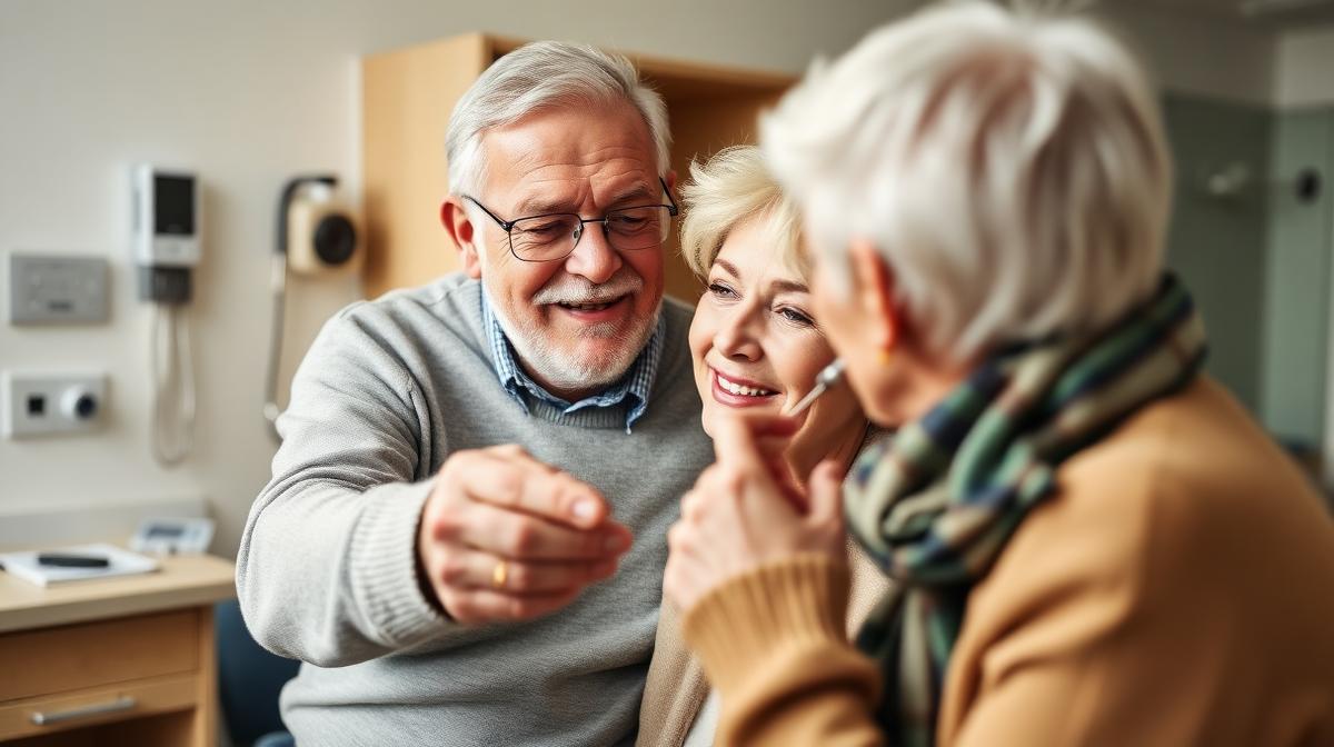 Seniori alegând un aparat auditiv într-un cabinet medical